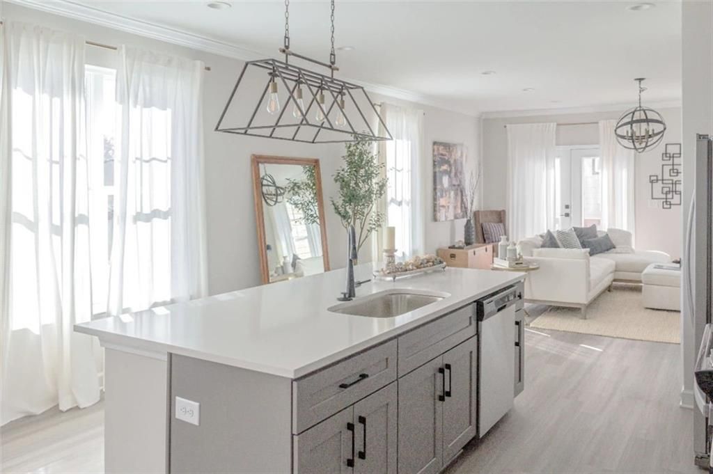 Kitchen island and living room